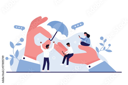 Support and care of corporate leader for wellbeing of employees. Giant boss or employer hands holding umbrella over tiny office people to help, protect and keep safe cartoon vector illustration