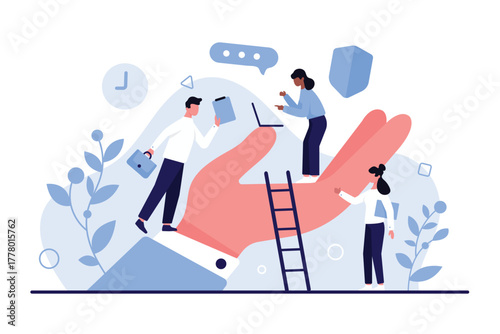 Support and care of corporate company manager for wellbeing and safety of employees. Giant boss hand holding tiny people working with laptop in comfort environment cartoon vector illustration