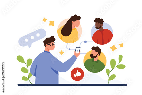 Refer friend service. Tiny man holding phone with plus sign on screen to invite people on avatars to referral program and earn, share bonuses and recommendations to users cartoon vector illustration