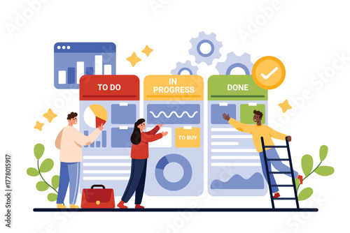 Kanban board, agile project management method. Tiny people plan business tasks on scrumboard, check work process with notes and list, brainstorming on strategy evaluation cartoon vector illustration