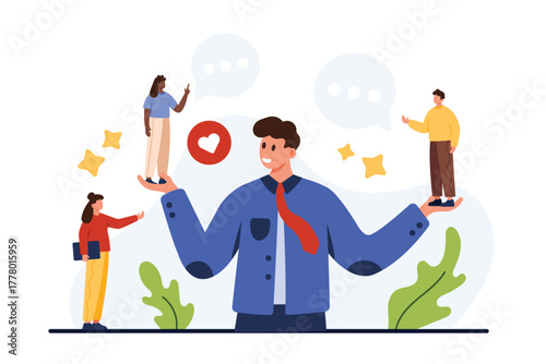 Business soft skill of active listening in negotiation. Big boss or manager holding tiny office employees, listen decisions and opinions of talking people on meeting cartoon vector illustration