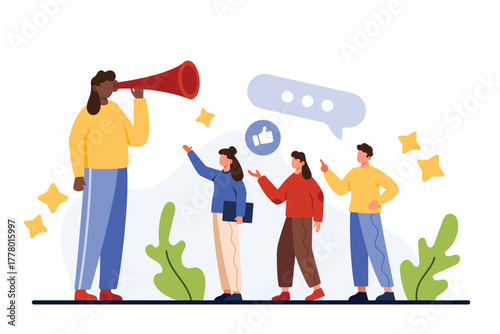 Business skill to listen to opinions, suggestions and advices. Big boss or manager holding pipe near ear to hear voice of employees in conversation, feedback of customers cartoon vector illustration