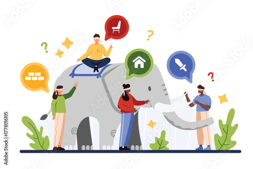 Difference of perception and points of view, metaphor, parable story. Tiny blindfolded people touching elephant in dark room with diverse experience and wrong judgment cartoon vector illustration