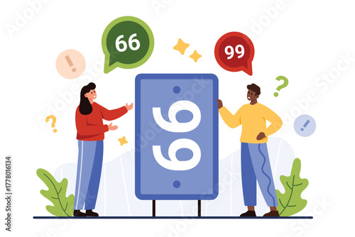 Differences in interpretation of ambiguous facts, different perspectives on experience and attention bias. Tiny man and woman argue about whether they see 66 or 99 number cartoon vector illustration