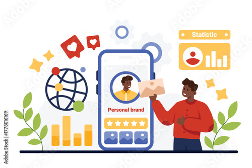 Personal brand presence strategy, online identity management in social media. Tiny man building reputation for blog owner with original digital content and marketing cartoon vector illustration
