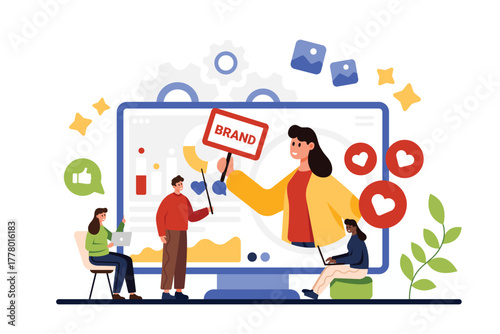 Personal branding online course. Tiny people create brand identity and recognition by customers on marketing lesson or webinar, teacher with pointer teaching students cartoon vector illustration
