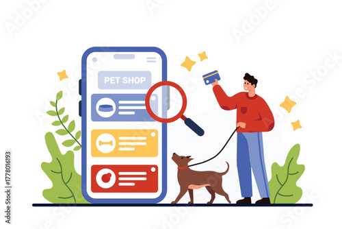 Online pet shop mobile app. Tiny man holding dog on leash and credit card to buy pet supplies, search with magnifying glass for puppy food and treat category on screen cartoon vector illustration
