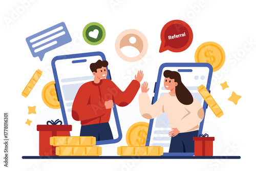Referral loyalty program, partnership and deal. Tiny people from mobile phone screens give five, digital agreement and success cooperation for earning money coins online cartoon vector illustration
