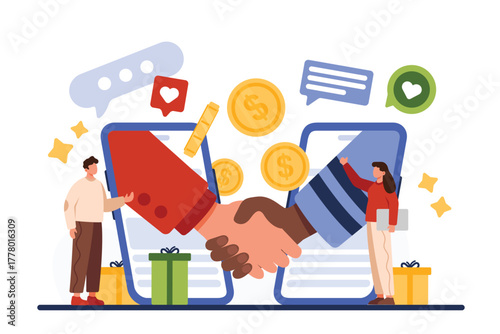 Loyalty program to refer friend, partnership and success agreement. Handshake of two big hands from mobile phone screens to celebrate deal, collaboration and bonuses cartoon vector illustration