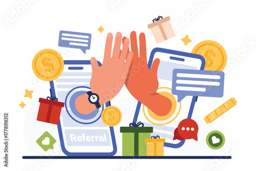 Referral marketing program to refer friend. Big hands of partners from mobile phone screens give five high to share loyalty bonus, discount and gift in social media cartoon vector illustration