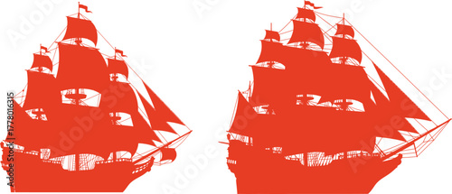 Two detailed red silhouettes of large sailing ships on white background galleon illustration