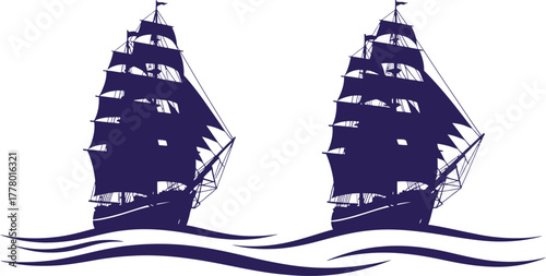 Two dark blue silhouettes of tall sailing ships with full sails on wavy water sailboat vintage