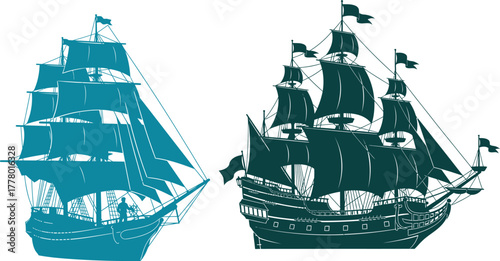 Two silhouettes of vintage sailing ships with full sails and flags on a white background sailboat