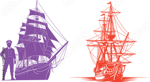 Vintage sailing ship silhouette with captain and detailed ship illustration tall ship