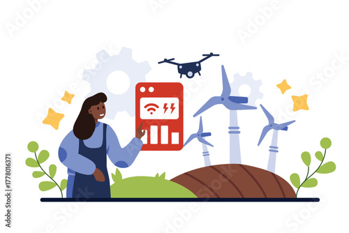 Automation of agriculture and smart farm innovation. Tiny woman using digital tablet and mobile app to control drone for agricultural works, cultivation and crop plants cartoon vector illustration