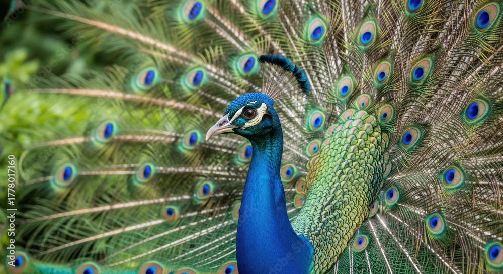 Obraz premium Majestic Peacock Displaying Iridescent Feathers in Lush Greenery, Close-Up.