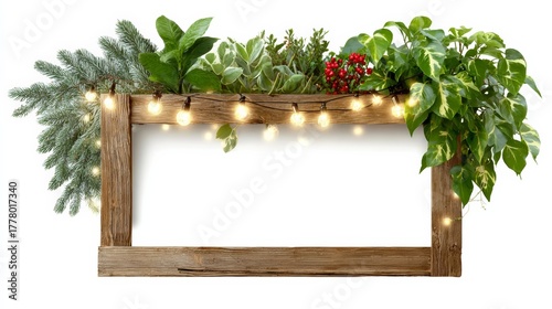 Wooden frame with lights and plants on it. The frame is white and the plants are green