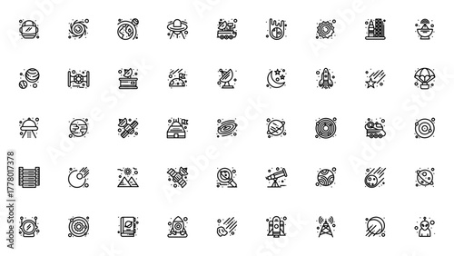 Space icon set. Vector illustration. Includes astronut helmet, black hole, spaeship, satellite, rocket, lanets, UFO, telescope, soar system and more. Editabe stroke.