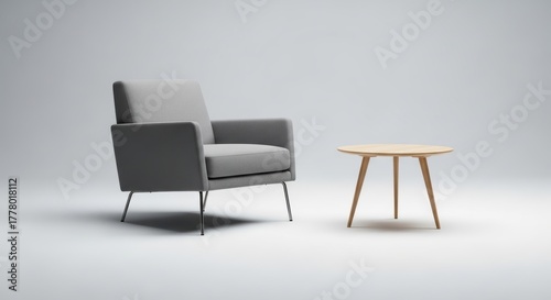 Minimalist gray armchair and wooden table in modern interior design setup