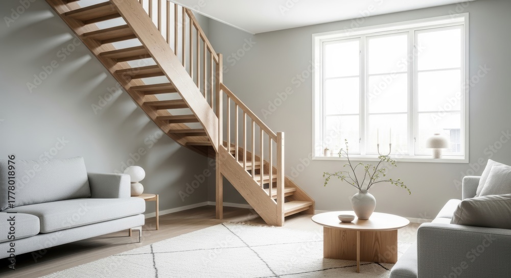 Fototapeta premium Modern minimalist living room with wooden staircase and scandinavian design elements