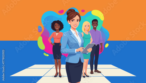 Diverse professional team led by a confident female manager with a tablet