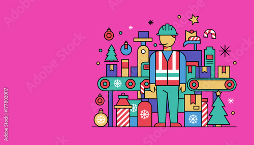 Industrial worker overseeing holiday gift packaging on a festive factory conveyor belt
