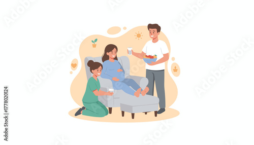 Prenatal care support pregnant woman with husband and nurse focusing on health and comfort