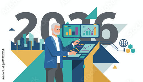 Forecasting 2026 Businessman analyzing financial data and urban development trends on a digital console