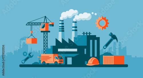 Industrial logistics manufacturing and construction process flat illustration featuring factory crane and delivery truck