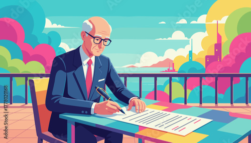 Confident executive signs legal papers outdoors against a vibrant abstract skyline