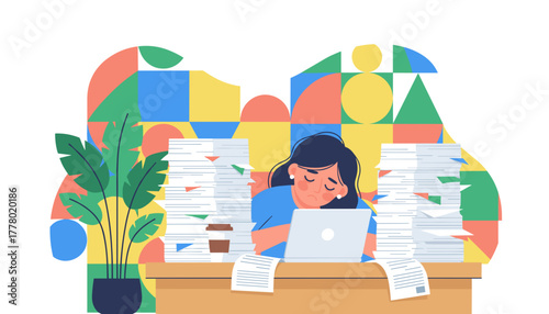Overworked woman exhausted by mountains of paperwork suffering from burnout and deadline stress