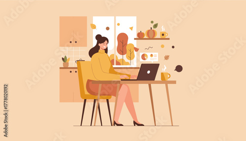 A woman works remotely on a laptop in a cozy autumn kitchen enjoying her flexible lifestyle