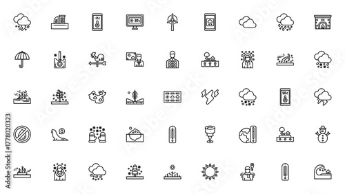 Weather icon set. Vector illustration. Includes Thunerstorm, Flooding, Thermomter, Windmill, Clouds, Torado, Tsunami, Snowman, Gloal warming and more. Editale stroke.