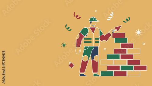 Construction builder laying bricks in festive colors Celebrating progress and industry during the holidays