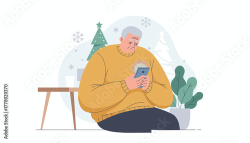 Lonely senior man using smartphone indoors during winter holidays showing sadness and digital isolation