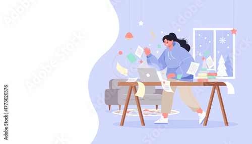 Happy woman working remotely on a laptop dynamic productivity and winter work from home concept