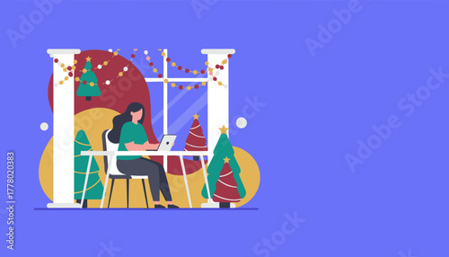 Festive remote work Woman using laptop at decorated home office during holidays