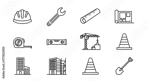Construction tools and site equipment for building industry success icon set, scalable graphics