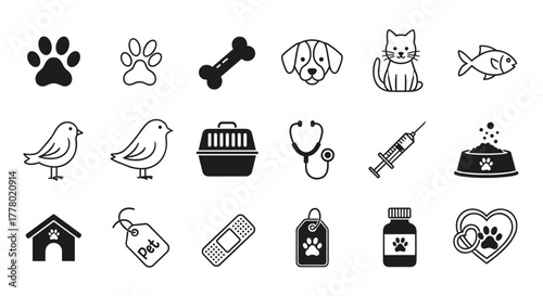 Adorable pet care icons for veterinary clinic, animal shelter, or pet store promotion design