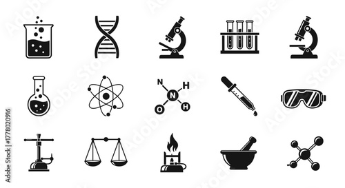 Science lab equipment icons, chemistry research tools, scientific instruments for experiments