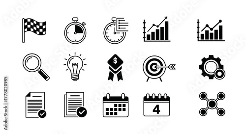 Business strategy icons for success: charts, target, idea, calendar, checklist, timer