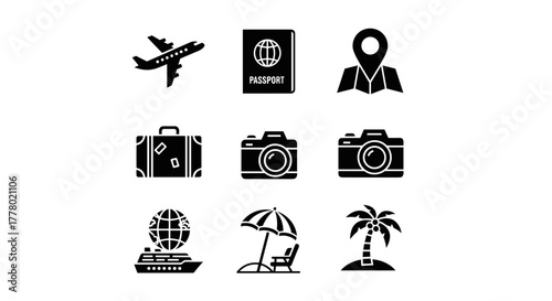 Travel icons collection, vector design elements for vacation and tourism planning adventure
