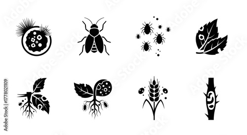 Agricultural pests and diseases impacting crops and plants vector icon set design
