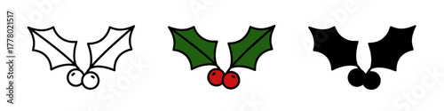 Three holly sprigs in different styles representing outline, filled color, and silhouette