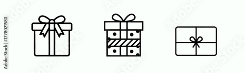 Three Gift Boxes with Bows in Simple Line Style on White Background