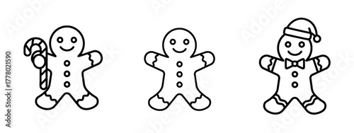 Outlined Gingerbread Men Icons Holding a Candy Cane and Wearing a Santa Hat