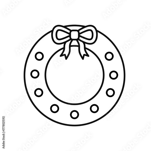 Outline Illustration of a Holiday Wreath with Bow and Ornaments
