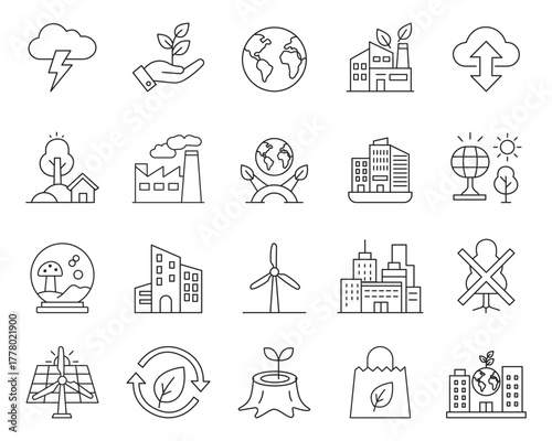 Environment and Ecology Icon Set. Sustainability, Recycling, Green Energy, Climate Change, Conservation, Renewable Energy Symbol