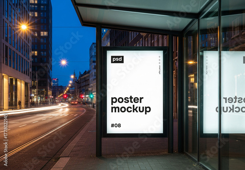 Bus stop billboard mockup at night in modern city