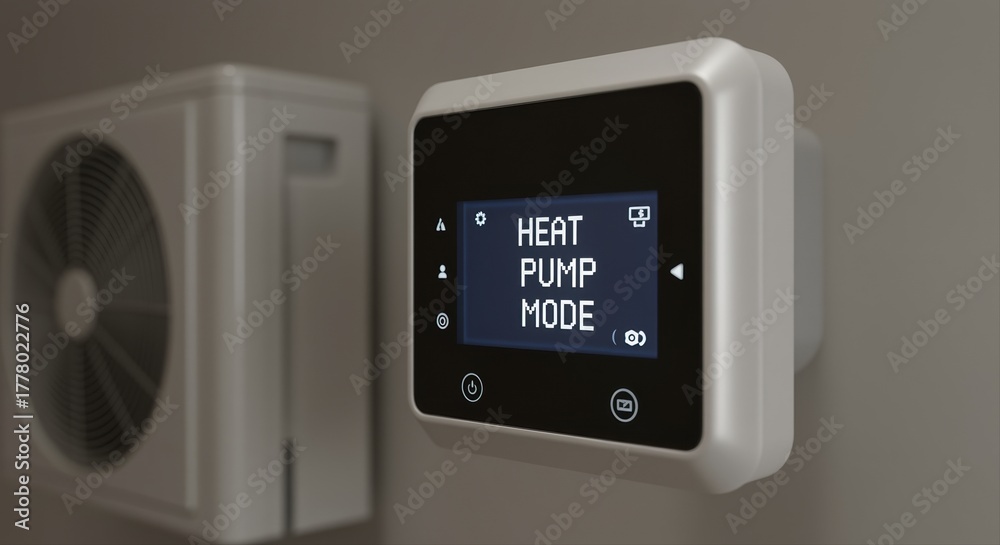 Fototapeta premium modern heat pump thermostat displaying heat pump mode in a minimalist home interior